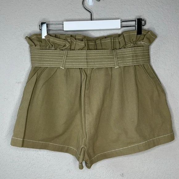 River Island 100% Cotton Khaki Green High Rise Paper Bag Belted Shorts Size US 6 - Picture 5 of 13